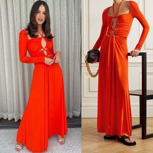 Proenza Schouler Long Sleeve Matte Jersey Orange Drawstring Cutout Maxi Dress 6